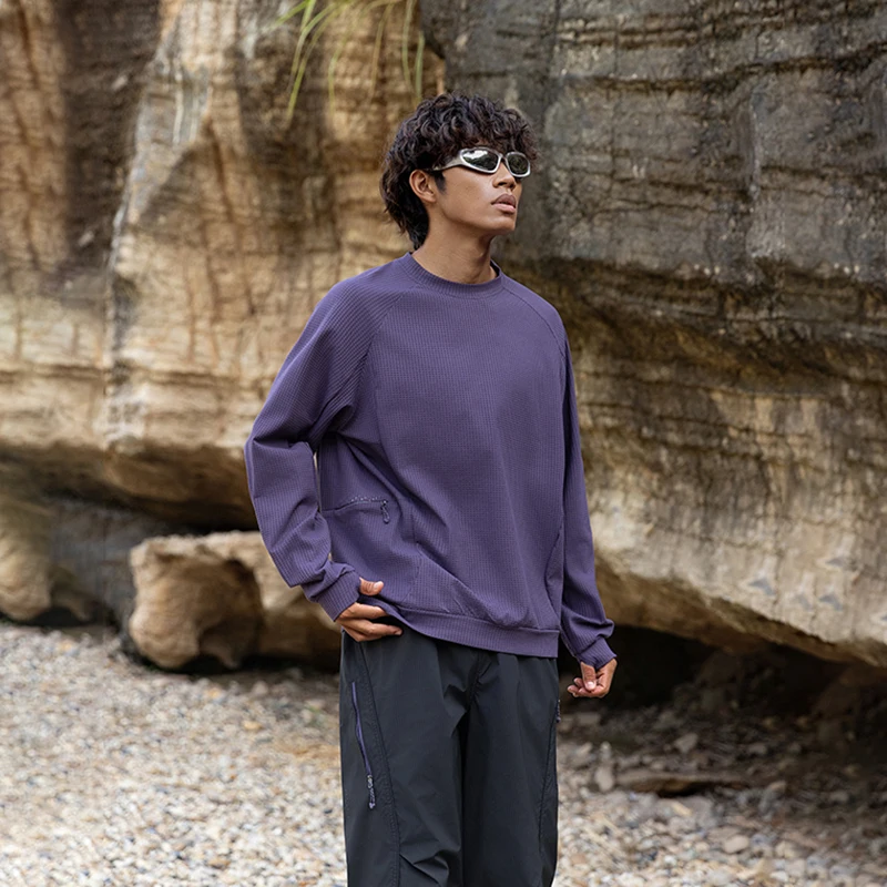 Unisex Waffle-Knit Crewneck Sweatshirt – UPF50+ Sun Protection, 7A Antibacterial & Quick-Dry for Outdoor Sports & Casual Wear