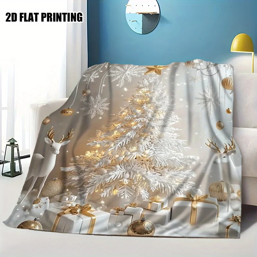 Christmas Deer Flannel Throw Blanket, Winter Wonderland Design in White Gold, Plush All Season for Sofa Bed, Festive Decor Gift
