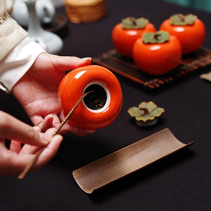 Creative Persimmon Teapot Ceramic Spice Sugar Bowl Storage Tank Pottery Jar Seasoning Sealing Container Gift Packaging Tea Cans