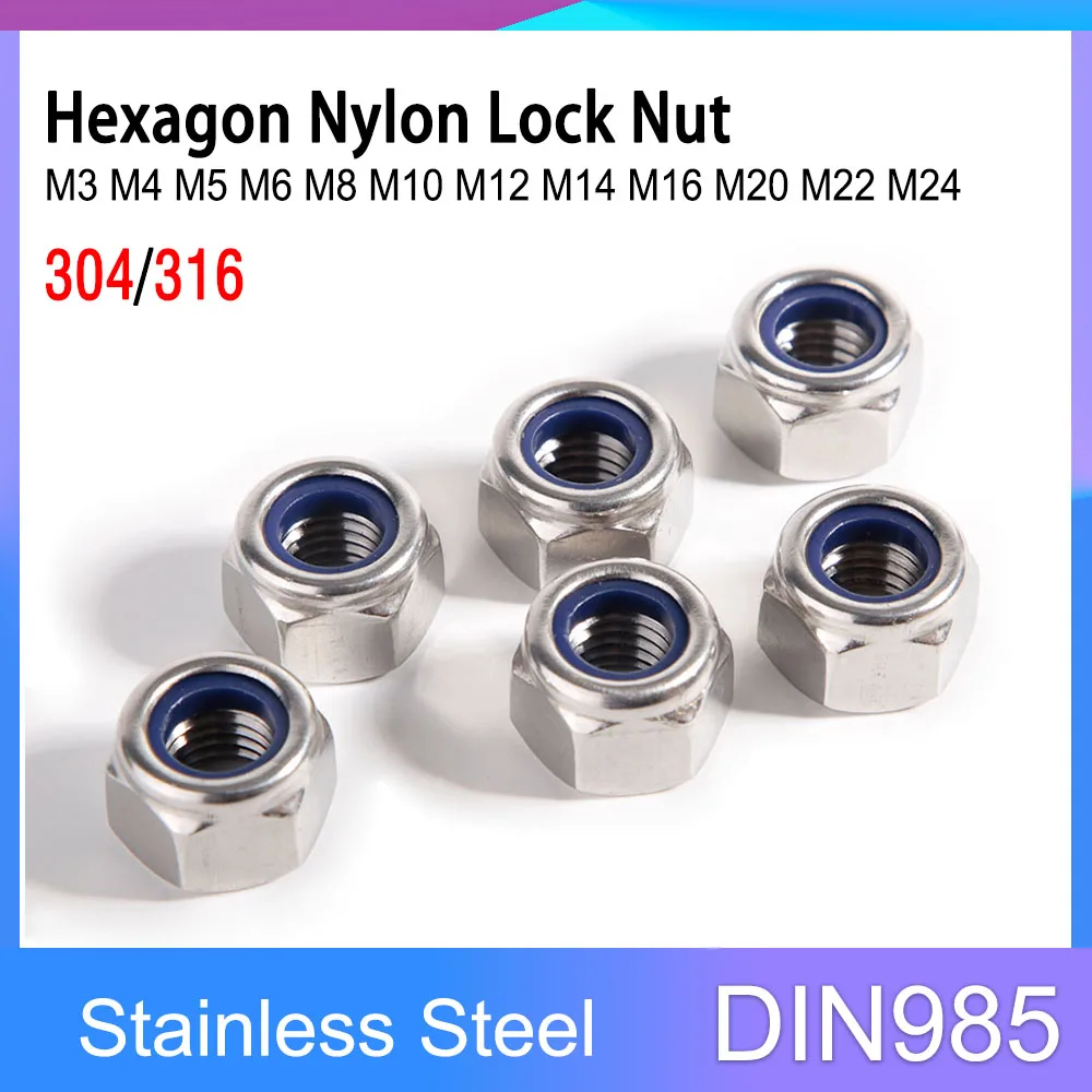 DIN985 304/316 Nylonowa nakrętka zabezpieczająca ze stali nierdzewnej M3 M4 M5 M6 M8 M10 M12 M14 M16 M18 M20 M22 Wysokiej jakości sześciokątne nylonowe nakrętki samozabezpieczające