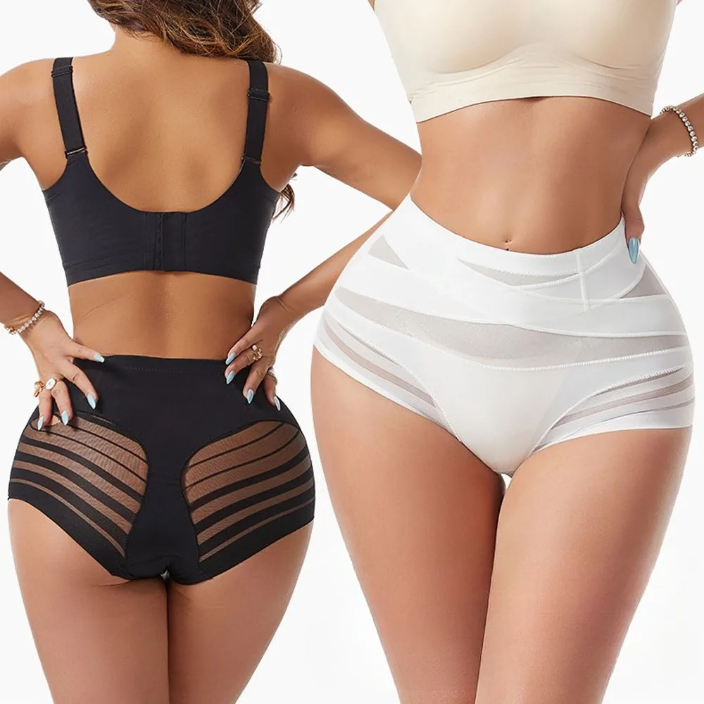 Damen Shapewear-Höschen mit mittlerer Taille, schlankmachend, transparentes Mesh, überkreuzte Bauchkompression, formende Unterwäsche