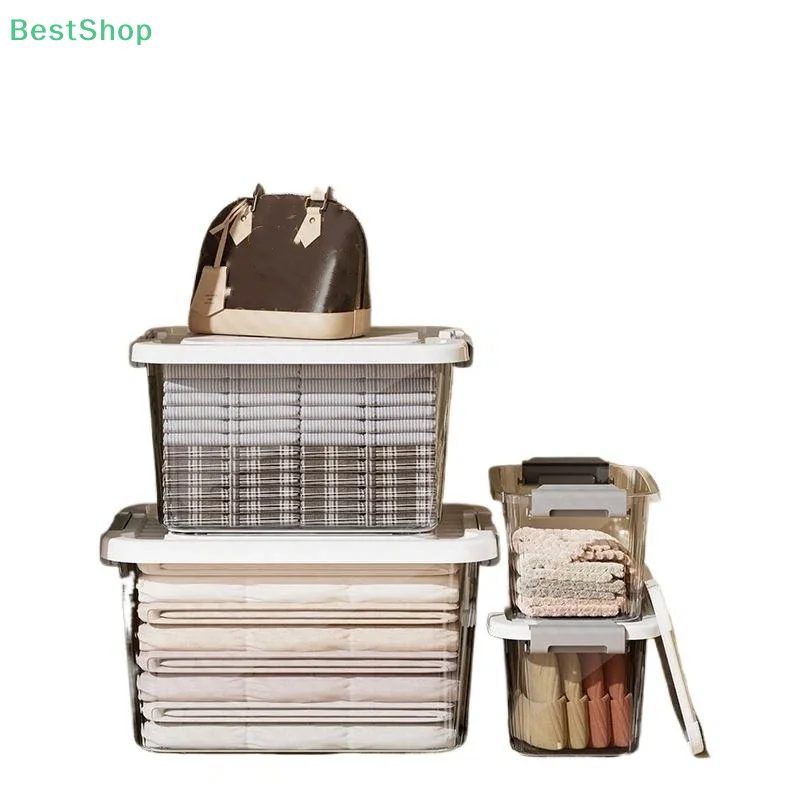 ♥ صندوق تخزين بلاستيكي شفاف مع غطاء صندوق منظم قابل للتكديس، حاوية شفافة للمنزل، تنظيم المطبخ والخزانة