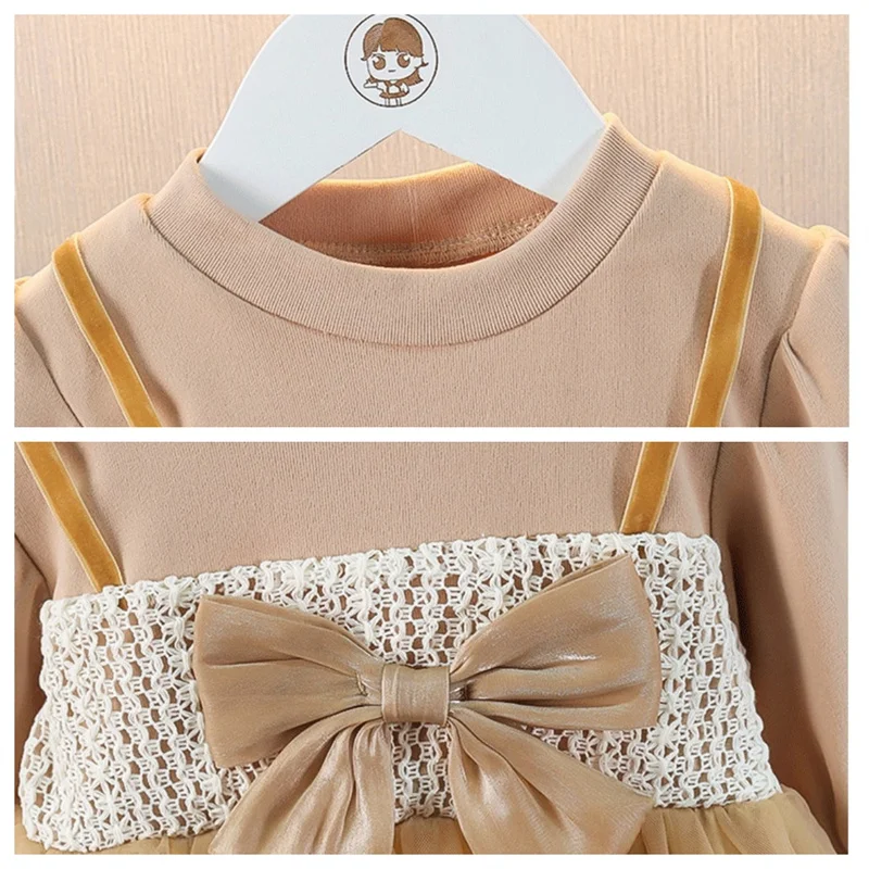 Toddler Baby Dresses For Girls Cotton Long Sleeve Mesh Bow Lace Girls Dress Fashion Princess Clothes For Kids Spring Autumn New