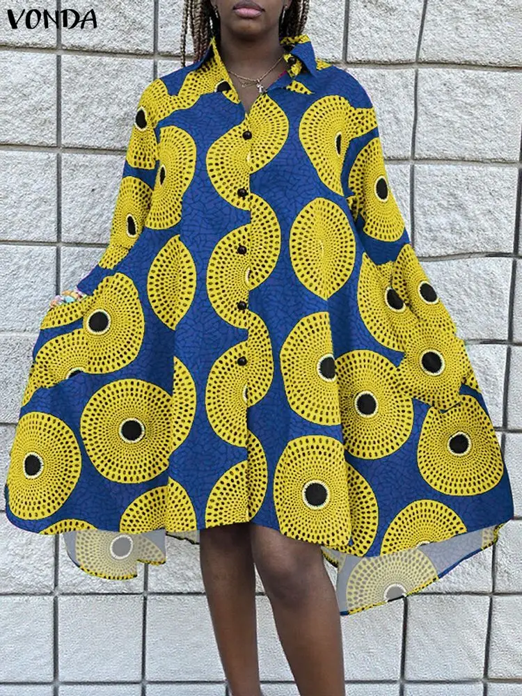 

Плюс размер 5XL VONDA богемное платье с принтом винтажный женский асимметричный сарафан модный лацкан Vestidos повседневный халат с длинными рукавами