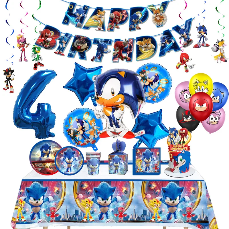 Cartoon Blue Hedgehog Birthday Party Decoration Aluminum Foil Balloon Kids Event Supplies Disposable Tableware Banner Backdrop