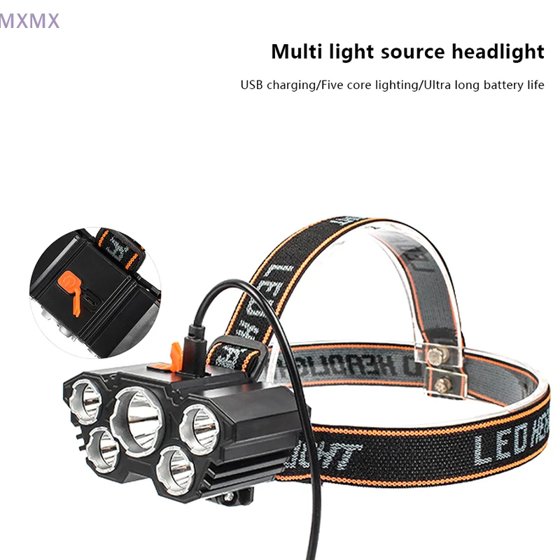 Outdoor Portable Super Bright 5 LEDs Flashlight USB Rechargeable Waterproof HeadLamp For Camping Fishing Adventure Head Lantern