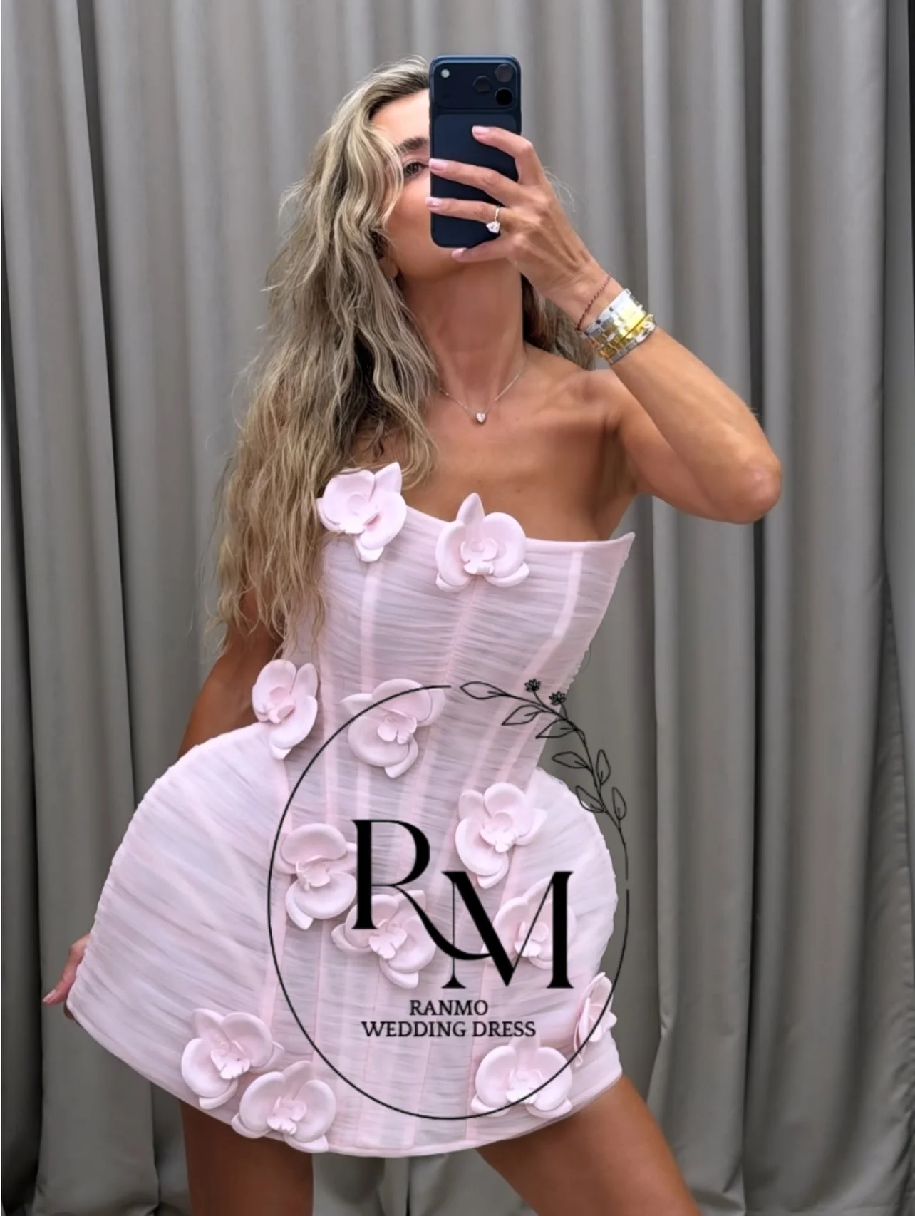 Ranmo Blush Pink Strapless Corset Mini Dress 3D Orchid Floral Puffy Skirt Short Homecoming Party Dress 3D Rose Birthday Cocktail