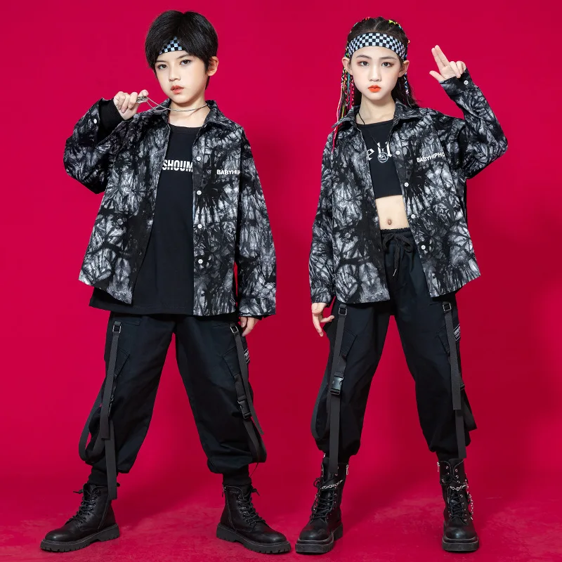 Kid Kpop Hip Hop Clothing Black Tie Dye Print Shirt Top Casual Cargo Jogger Harem Pants for Girl Boy Jazz Dance Costume Clothes