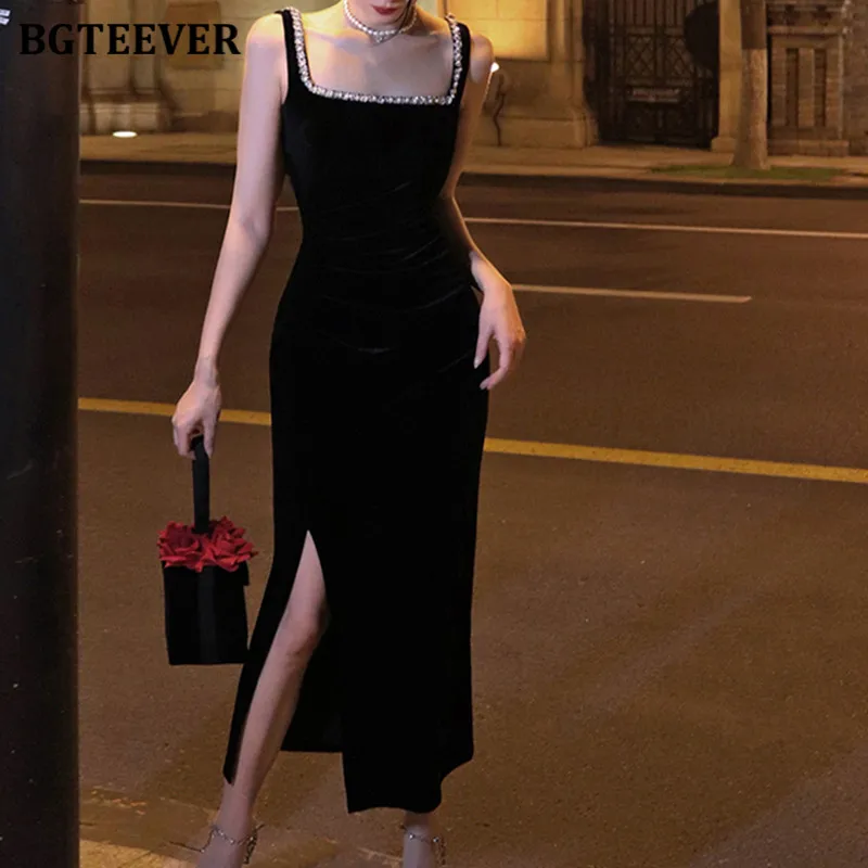 BGTEEVER Fashion Chic Ladies Slim Waist Bodycon Split Mid-Length Dress Elegant Spring Summer Female Sleeveless Velvet Dress