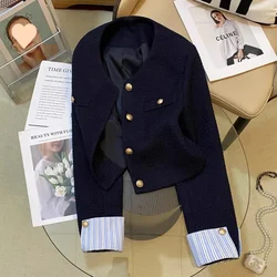 Korean navy small fragrance suit jacket women's autumn and winter new fashion temperament stitching design casual Joker top.