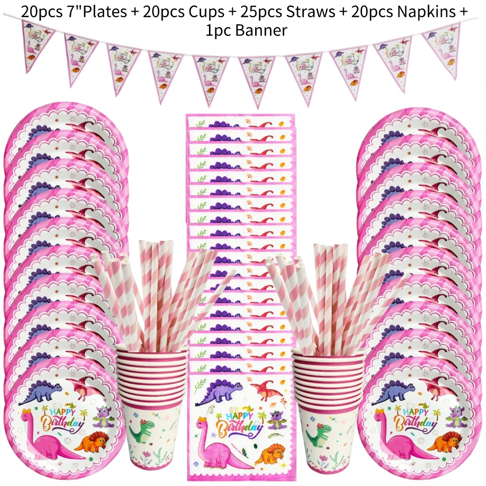 Cartoon Pink Dinosaur Birthday Party Decorations Disposable Tableware Plate Cup 3D Dinosaur Balloon for Girls Baby Toys Supplies