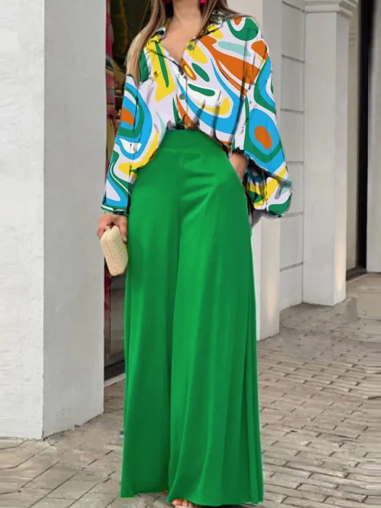 

Women's Fashion Print Two Piece Set Long Sleeve Shirt And High Waist Wide Legs Pants Loose Casual Suit Elegant Office Lady Sets