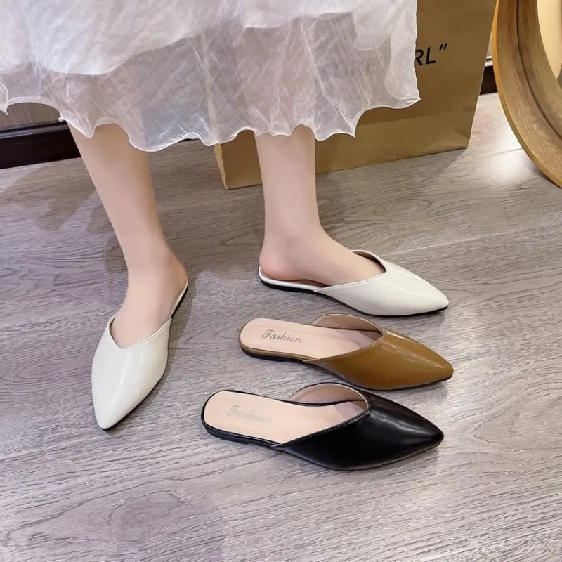 

Pointed Toe Silk Mules Women Slippers Flip Flops Flat Summer Beach Shoes Woman Sandals Comfy Lazy Cover Toe Slides Plus Size 43