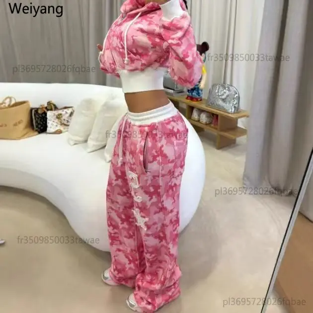Y2K Mode Rosa Buchstaben-Grafik Reißverschluss Sportbekleidung Damen Lässiges Kurzes Oberteil Set Sweatshirt Lose Sporthose