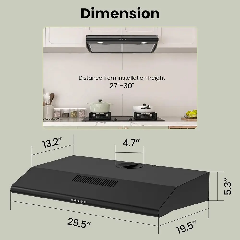 30インチ ブラック アンダーキャビネットレンジフード、ダクト式/ダクトレス式変換可能キッチン換気フード、LEDライト付き、3段階速度調整排気ファン、プッシュ式