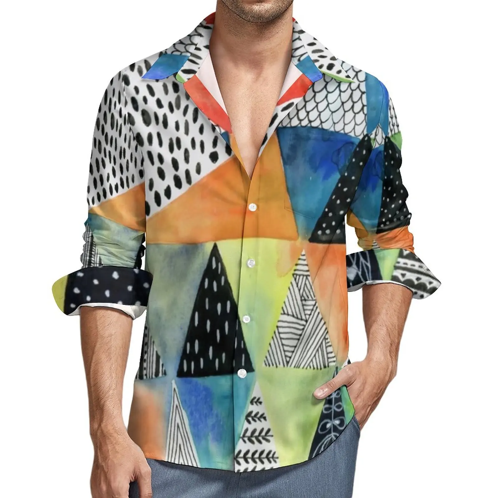 

Abstract Geometry Casual Shirts Man Doodled Print Shirt Long Sleeve Retro Funny Blouses Autumn Custom Clothing Large Size