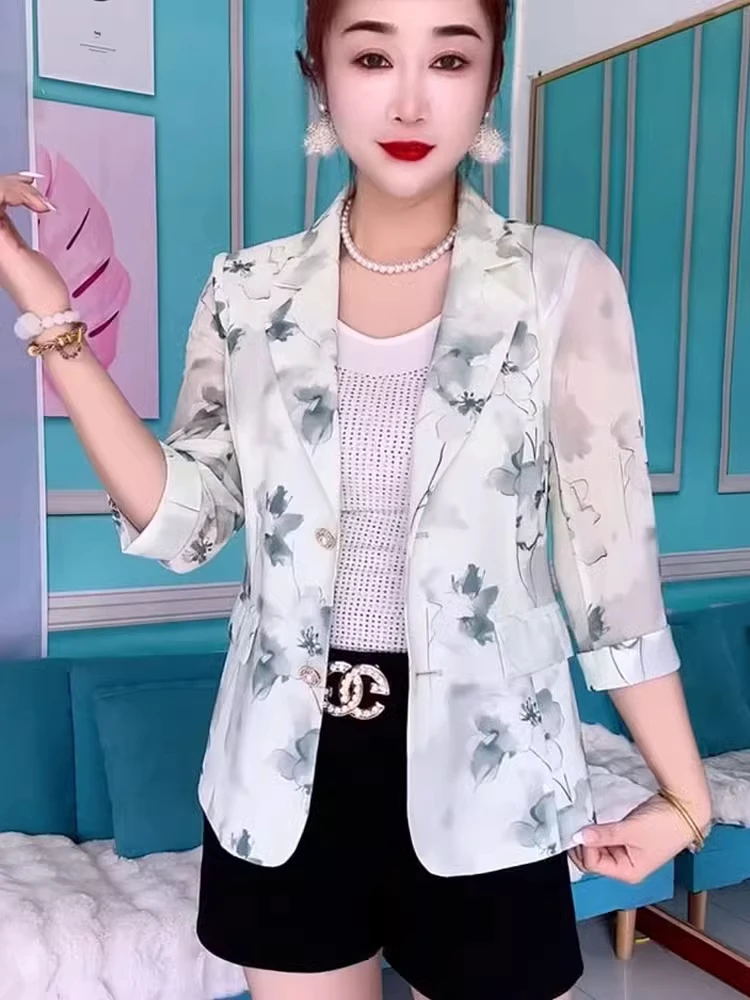Fashionable Printed Loose Fit Seven Quarter Sleeve Women's  Summer New Style Slimming Mom Top Elegant Versatile Outerwear