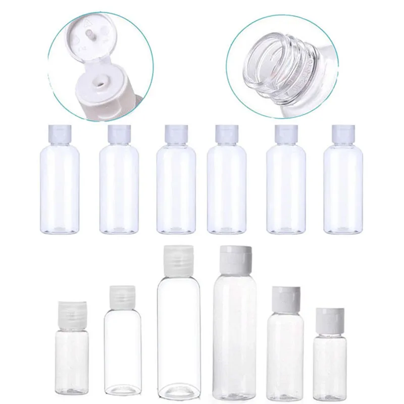 

100Pcs 5ml-100ml Empty Squeezable Plastic PET Clear Bottles W/ Clear White Flip Cap Travel Container For Shampoo Body Lotion