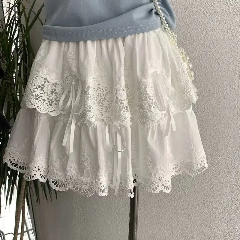 

Милая короткая юбка-кейк с вышивкой, оборками и узлом, с высокой талией на резинке, в повседневном стиле, из полиэстера