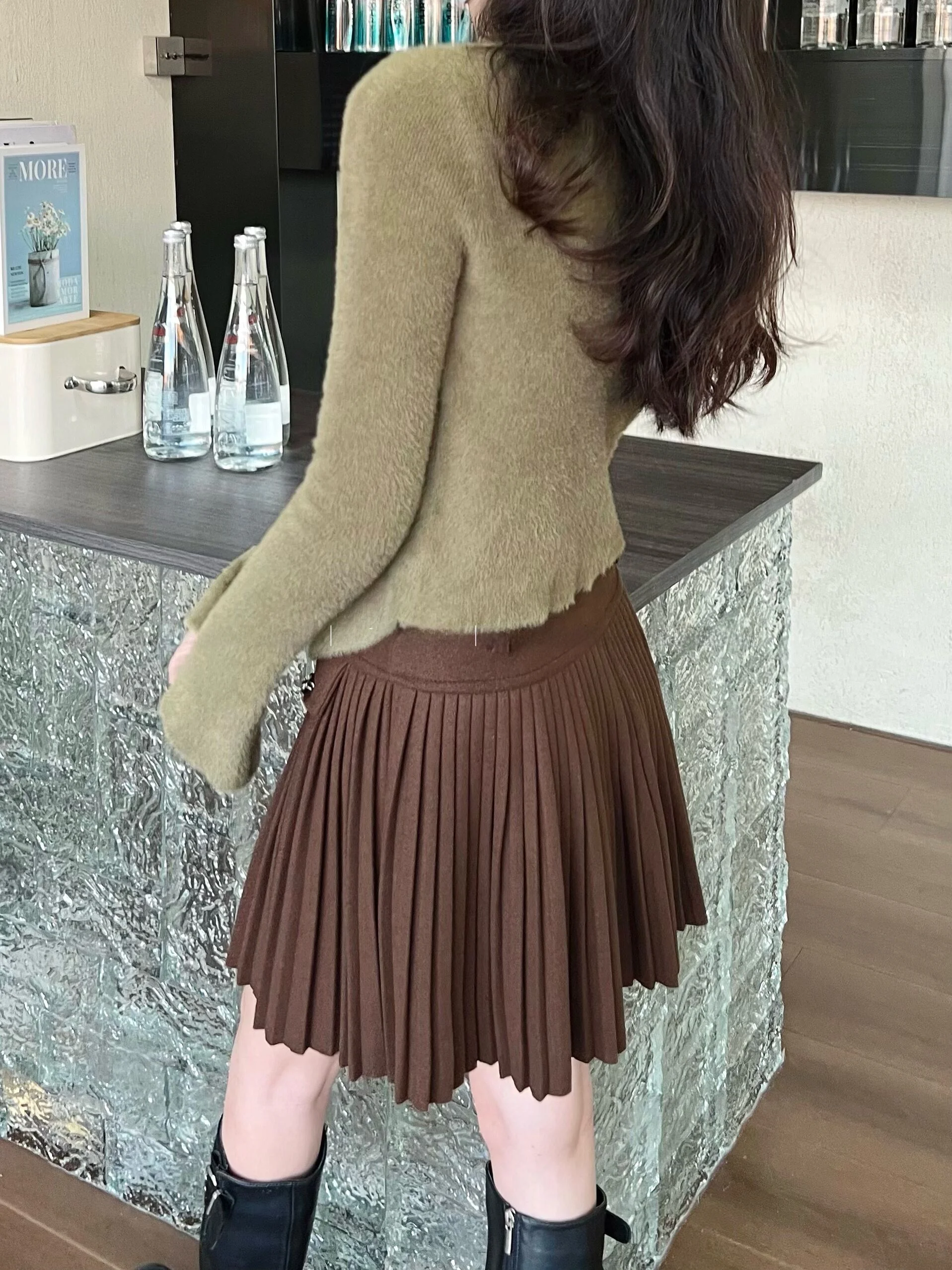 

Соломенно-шерстяная юбка А-силуэта в клетку с завышенной талией для женщин, осенне-зимняя, стройнящая, скрывающая бедра, элегантная юбка-миди