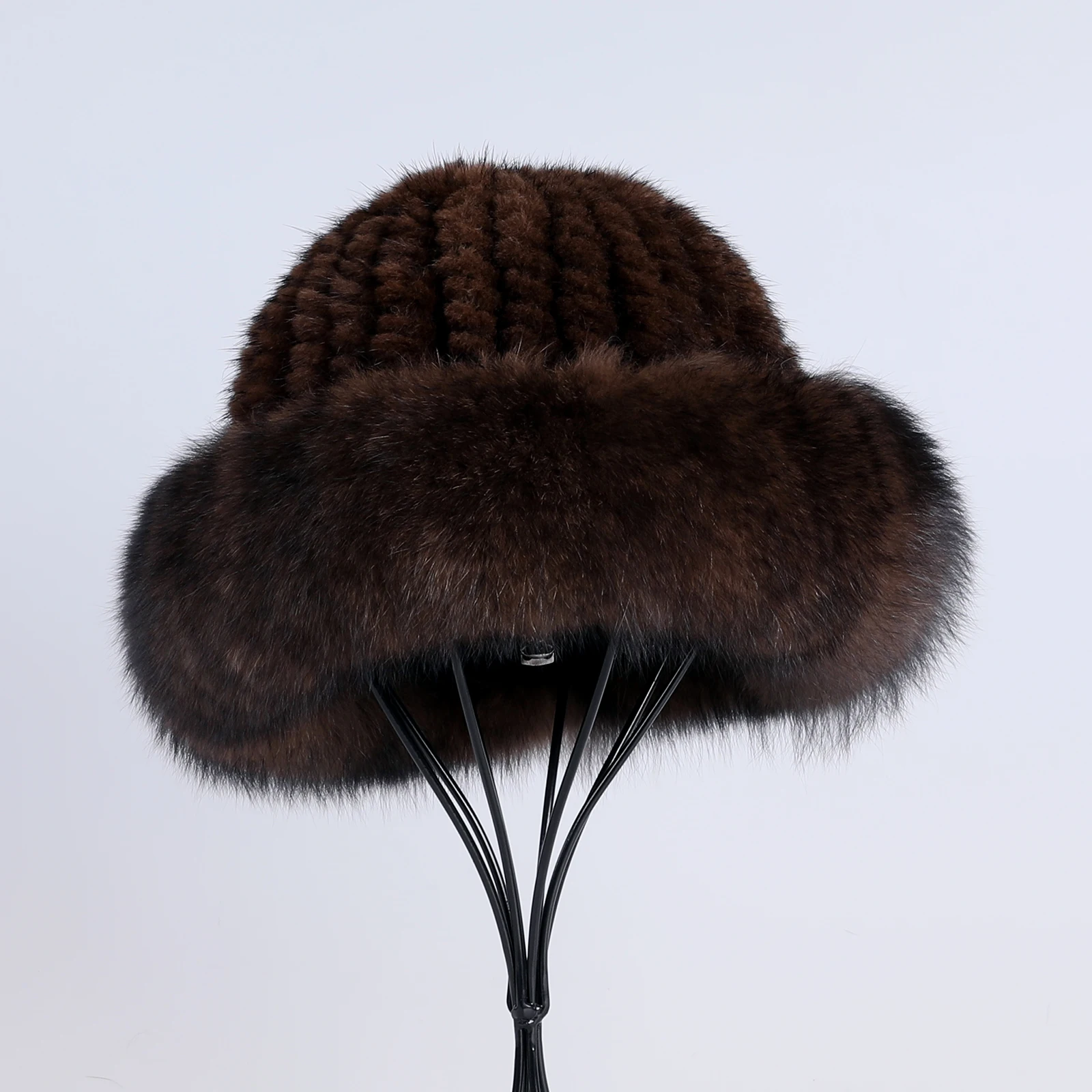 Frauen Winter warm echte Premuim Nerz Fell gestrickt Eimer Hut pelzigen Echtpelz Kappen Big Fox Pelz besatz Krempe verstellbar – Detail 22