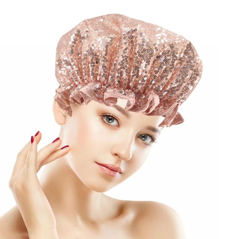 Exceyes luxury glitter shower cap for women-Waterproof, Fashionable, Reusable Shower Cap for Long Hair