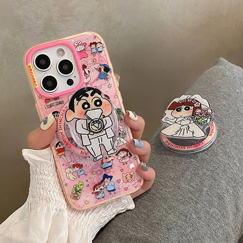 

Cute Anime Cartoon marry sweet Crayon Shin-chan Magsafe Wireless Charge Case For iPhone 13 14 15 16 Pro Max 3D Magnetic Stand ﻿