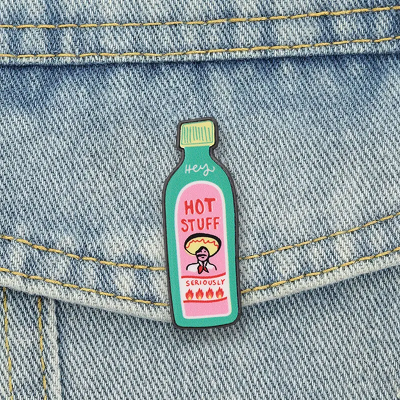 Hot Stuff Sauce Bottle Enamel Pins Hey Seriously Mexican Cartoon Brooch Retro Foodie Badge Flirty Jewelry Gift for Friends