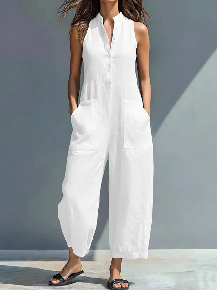 

Holiday Sleeveless Casual Chic Jumpsuits, Women Summer V Neck Button Patchwork Playsuits, Solid Wide Leg Pants Ladies Bodysuits