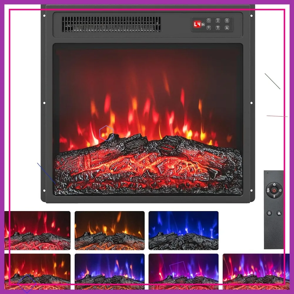 

18-дюймовый электрический каминный обогреватель, встраиваемая вставка с 7-цветным пламенем с регулируемой яркостью, нагрев 750/1500 Вт, таймер и пульт дистанционного управления