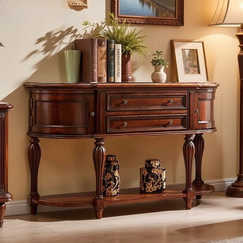 

American retro semi-round table, entrance table, living room aisle cabinet, entrance cabinet, all solid wood foyer side table