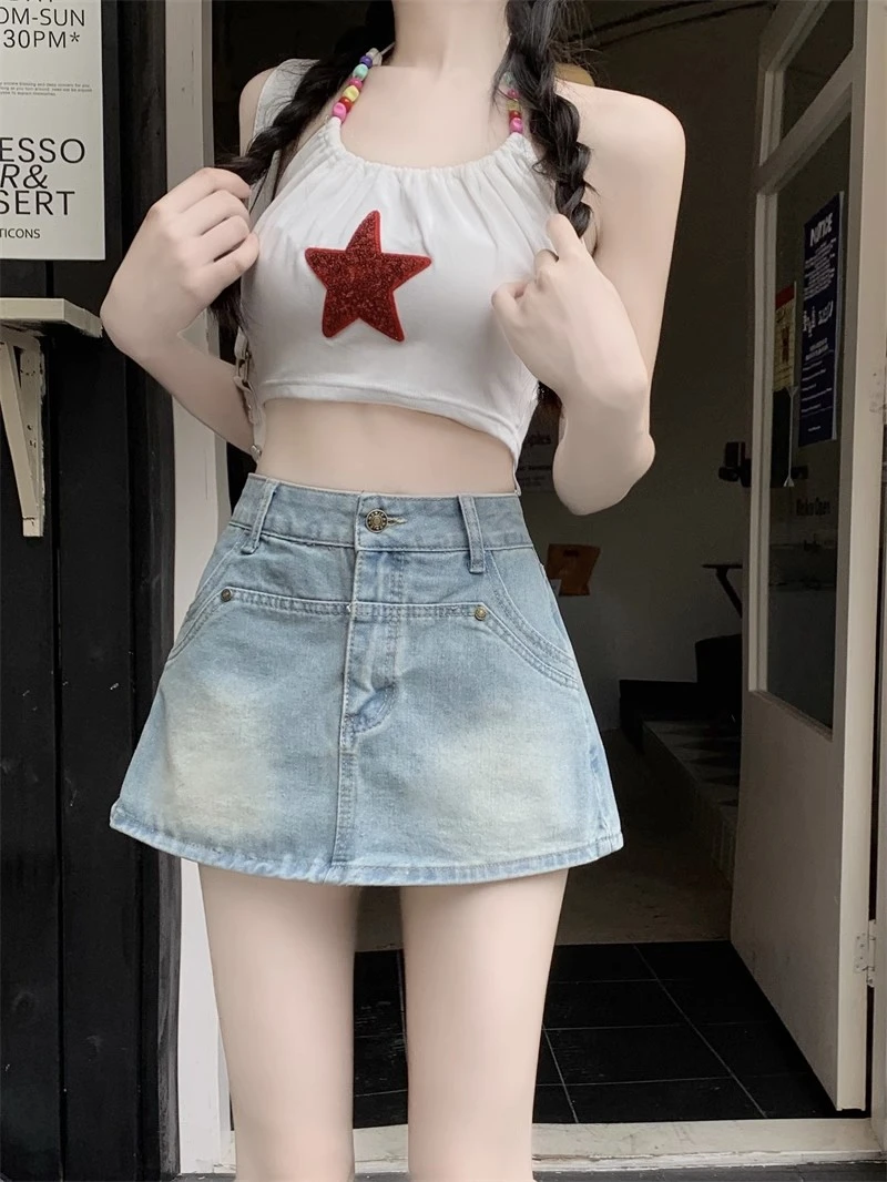 

Vintage denim bustier skirt women new American high street hot girl short skirt high waist thin a word package hip skirt