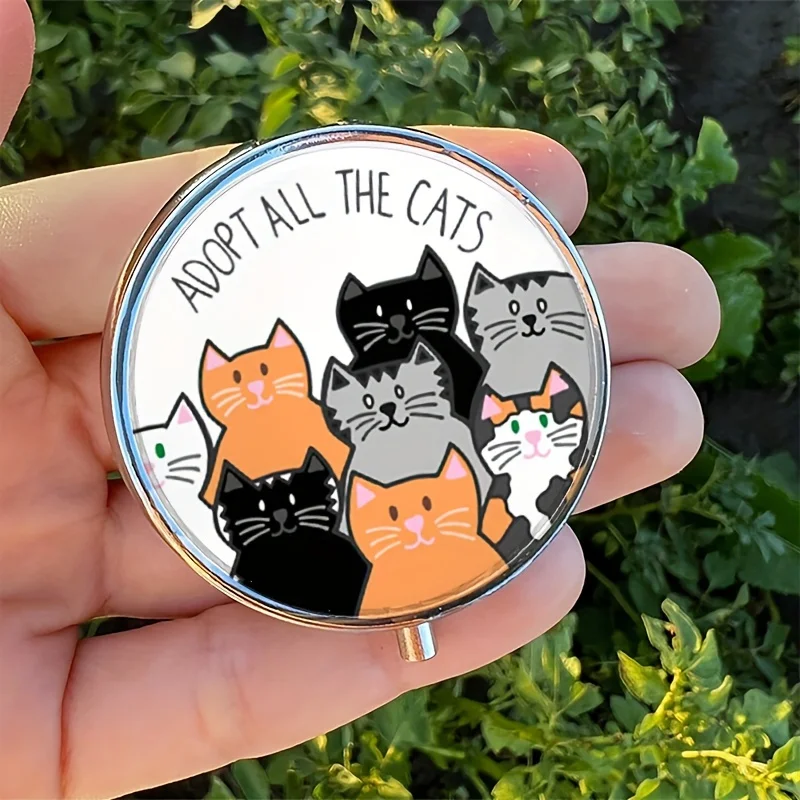 Adopt All The Cats Round Pill Box,Mini Pill Box,3 Storage Box,Home Portable Drug Storage Box,Pocket Wallet Travel Unique Gifts