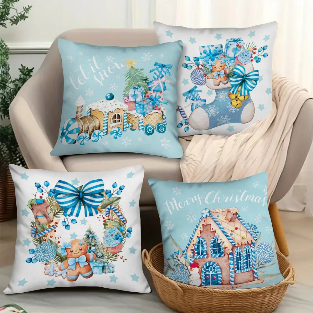 

4pcs Christmas Pillowcase Holiday Party Living Room Decoration Sofa Cushion Cover Blue Theme Pillow Cover New Year Gift