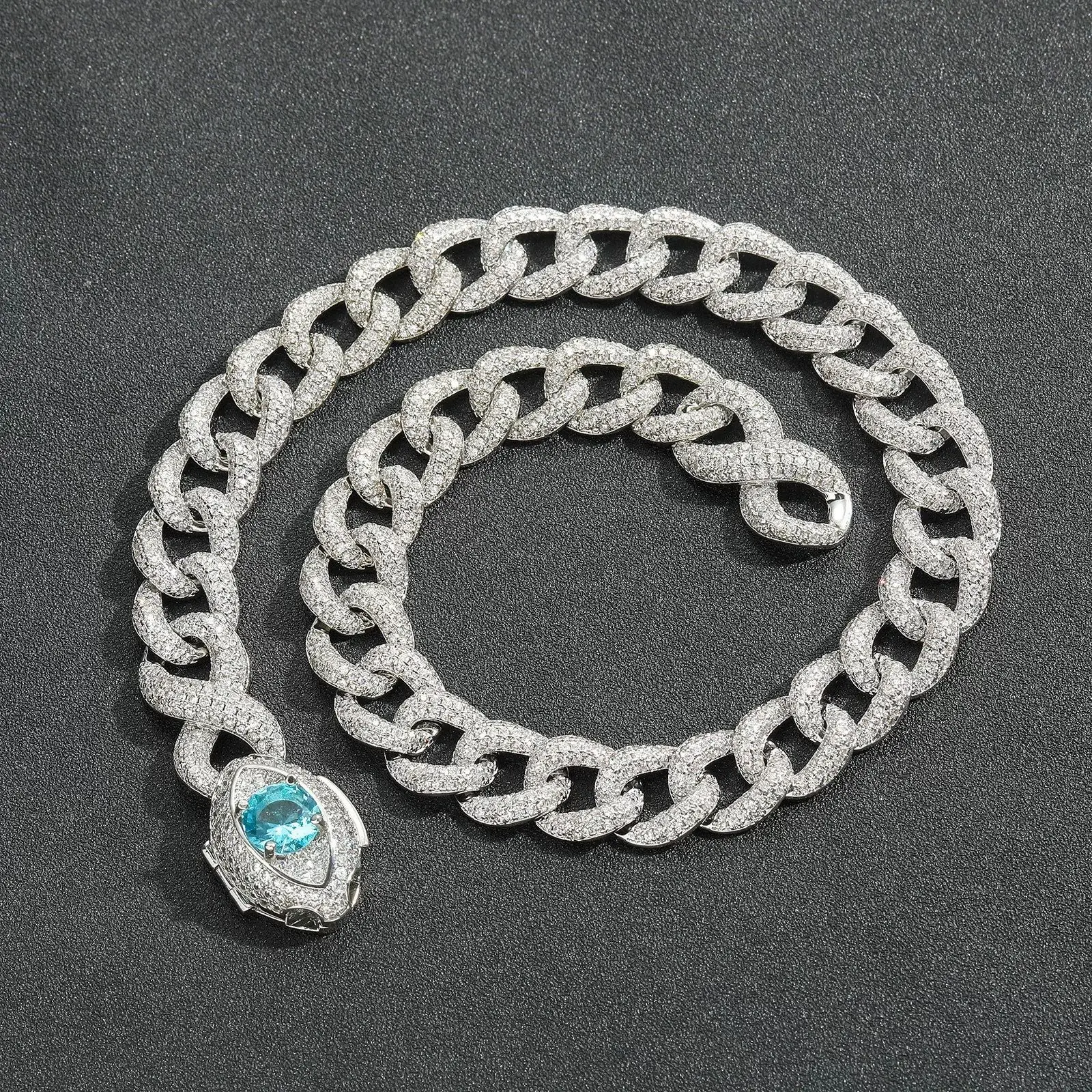 Iced Out Evil Eye Cuban Link Bracelet Silver Plated Synthetic Blue Round Stone Cubic Zirconia Hip Hop Women Men Jewelry
