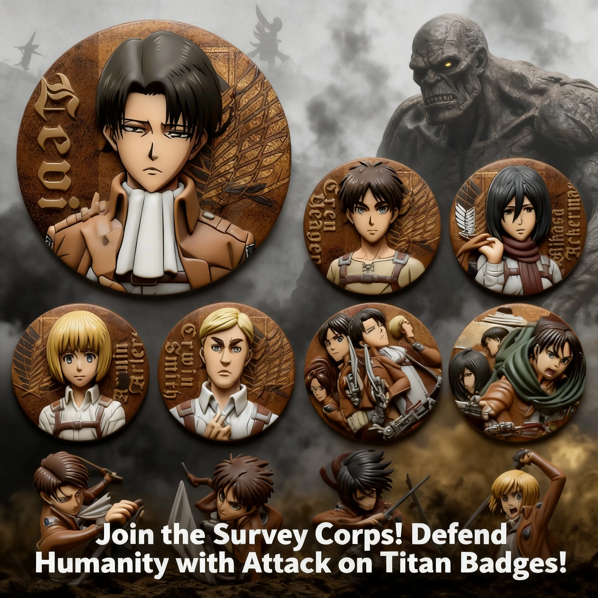 

Значки по аниме «Атака Титанов»: Леви Аккерман, Эрен Йегер, Эрвин Смит. 11 видов коллекционных сувениров и значков.