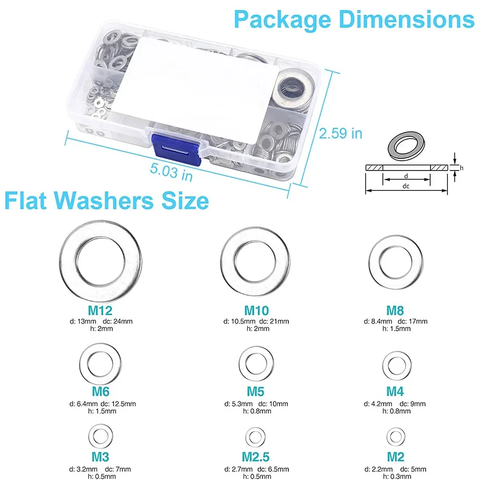 Washer 800pcs Boxed 304 Stainless Steel Flat Washer M2/3/4/5/6/8/10/12 Combination Set Hardware Fasteners for Home Improvement