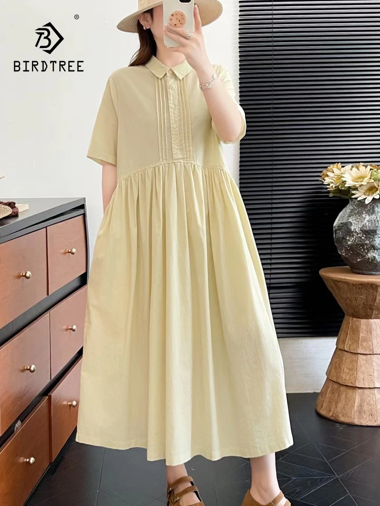 New 2026 Summer Women Cotton Short Sleeve Dresses, Lapel Folds, Mori Girl Fashion Japan Style Sweet Loose A-line Dress D64693CC