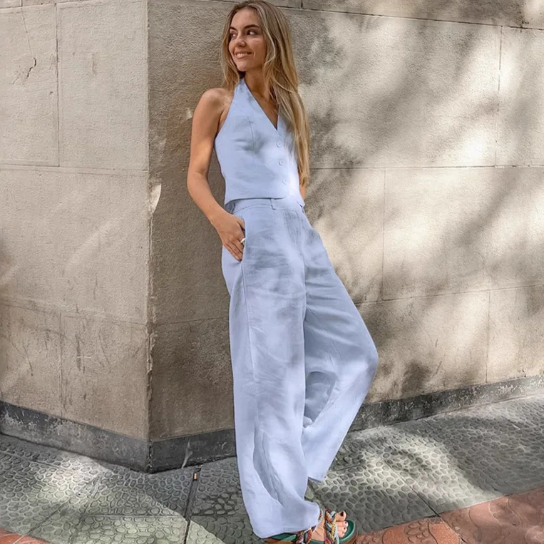 Summer and Autumn Simple Commuting Blue Cotton and Linen Sleeveless Vest Long Pants Set Two-Piece Set for Women