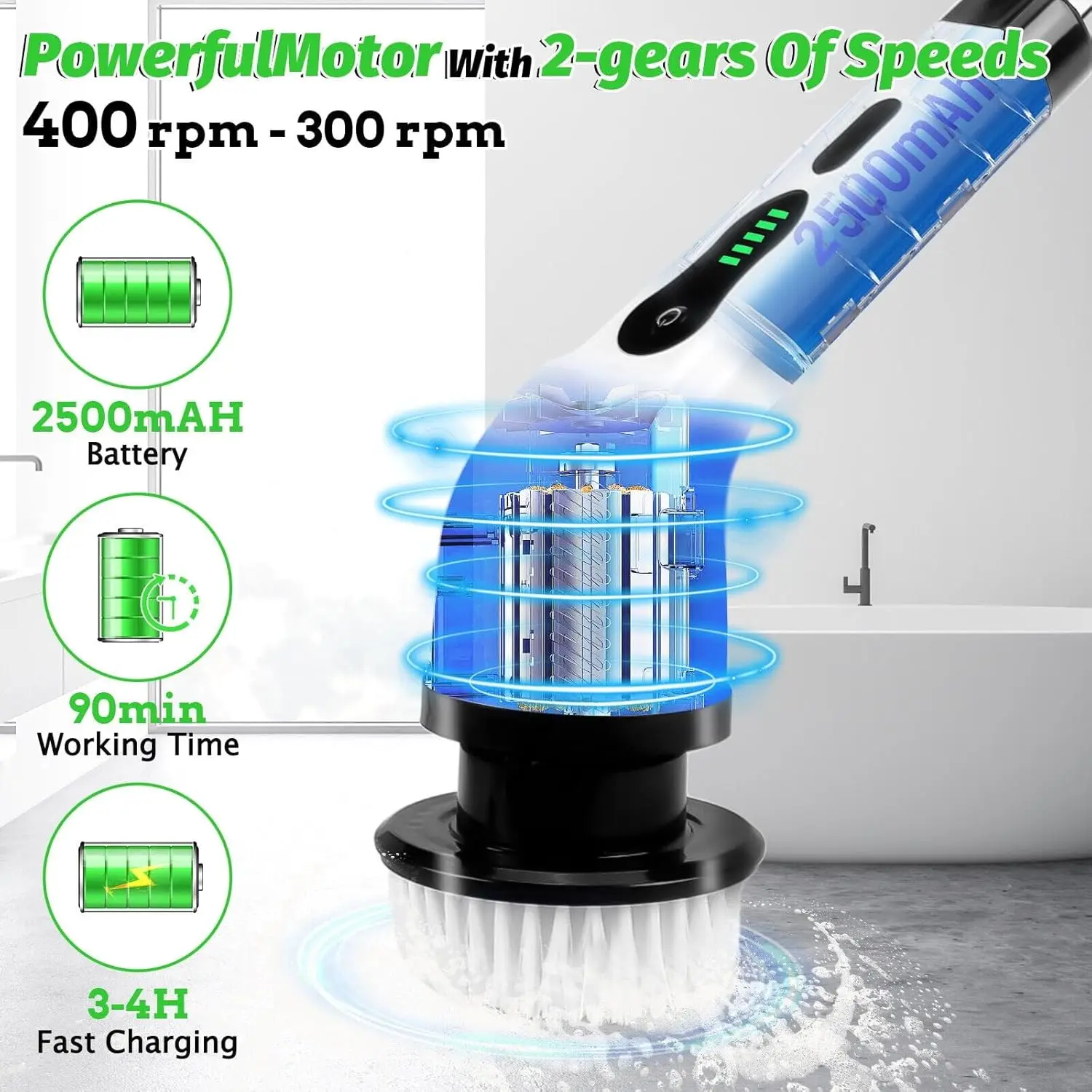 Electric Spin Scrubber, Cordless Waterproof Cleaning Brush with 9 Replaceable Heads, 1.5H Battery, Dual Speed, 2024 New for Bath