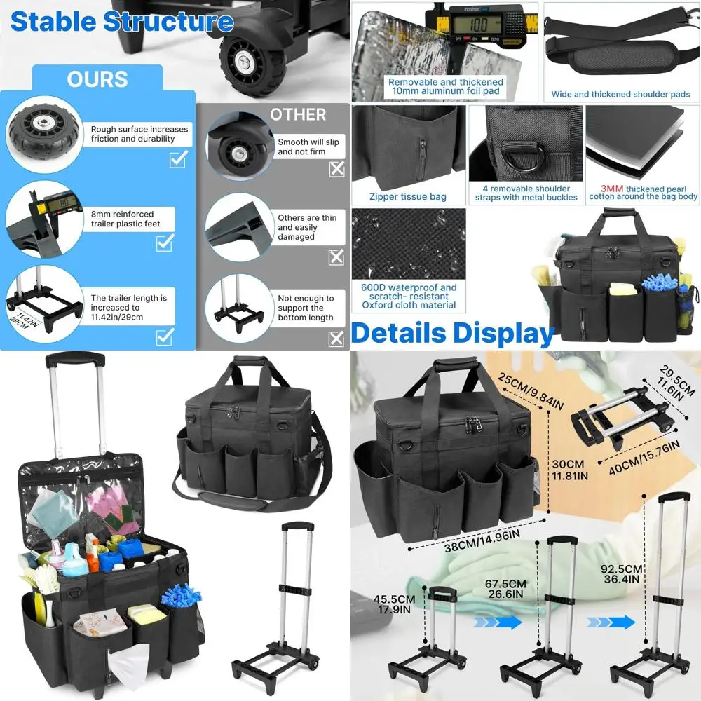

Portable Rolling Cleaning Bag with Detachable Trolley, Large Storage Organizer for Housekeeping Supplies, Wheels & Shoulder Stra