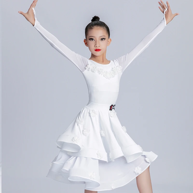 White Long Sleeves Latin Dance Dress Kids Performance Dress For Girls Latin Split Suit Ballroom Dance Competition Clothes SL7622