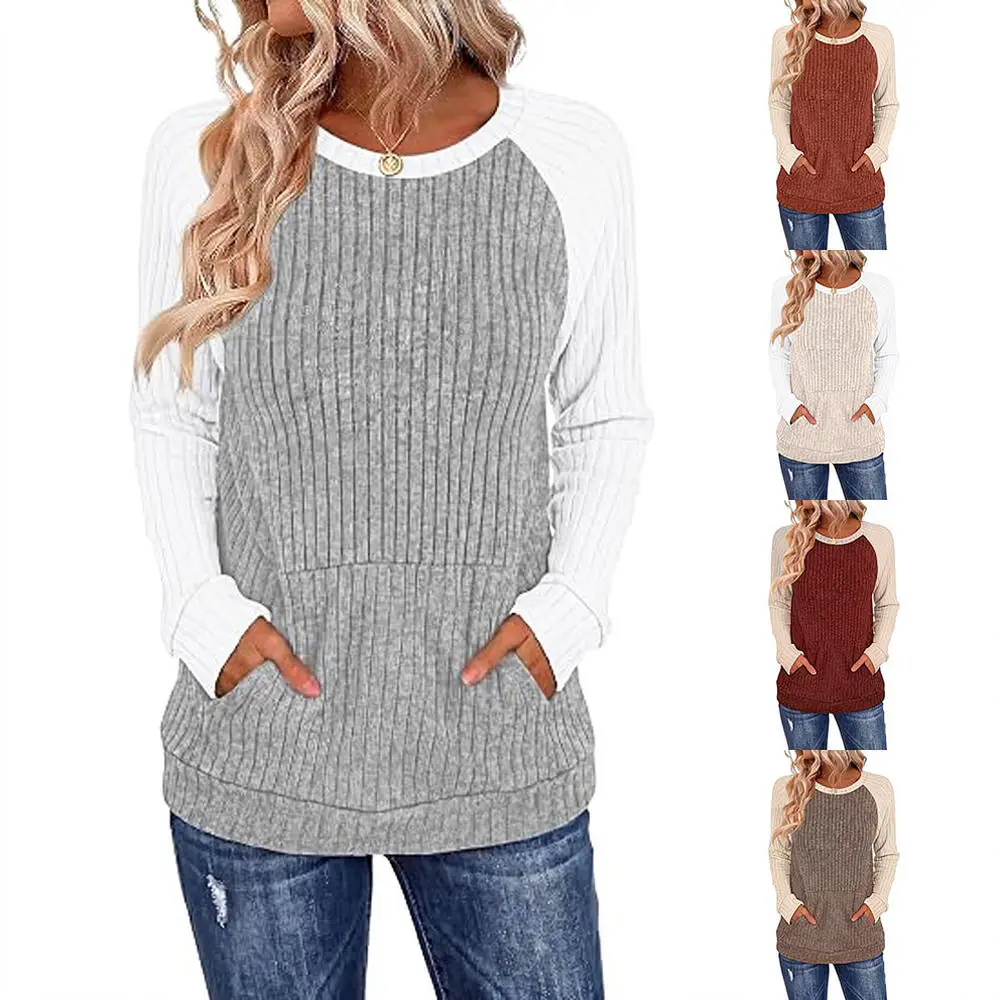 Womens Autumn Long Sleeve T Shirt Casual Crew Neck Loose Pullover Brushed Fabric Colorblock Pocket Top Comfortable Basic Apparel