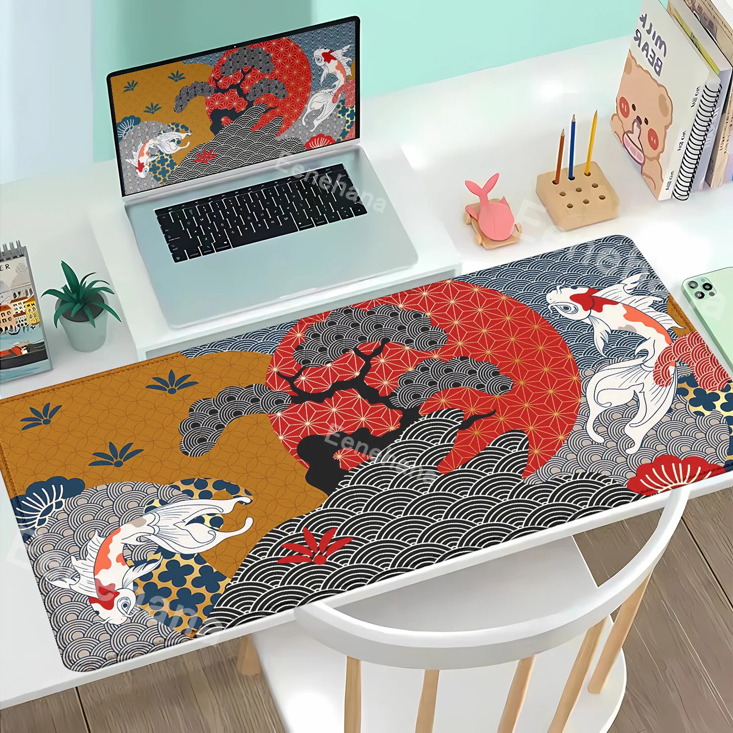 

Японский настольный коврик Черно-белый коврик для мыши Koi Fish Japan Art Seal Инь-ян рыба Большой игровой резиновый коврик для офиса Коврик для мыши