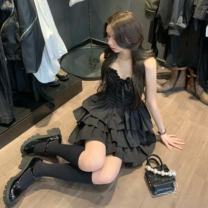 Black French Style Dresses Women Summer Design Spaghetti Strap Ruffles Patchwork Pleated Bandage A-line Mini Hotsweet Party Chic