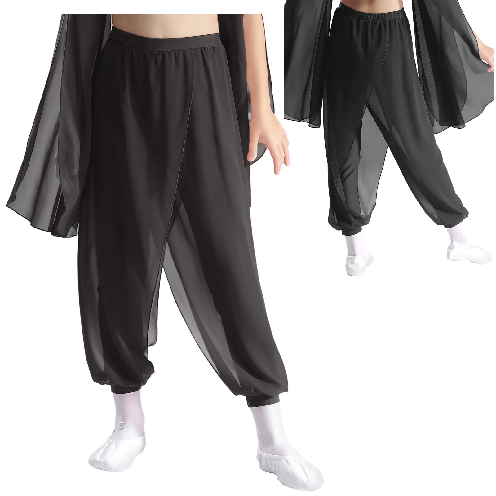 Indische Tanzhose für Kinder und Mädchen, weicher Satin, weites Bein, Pumphose, Ballsaal, Bauchtanzhose für Halloween, Karneval, Tanzaufführung – Detail 28