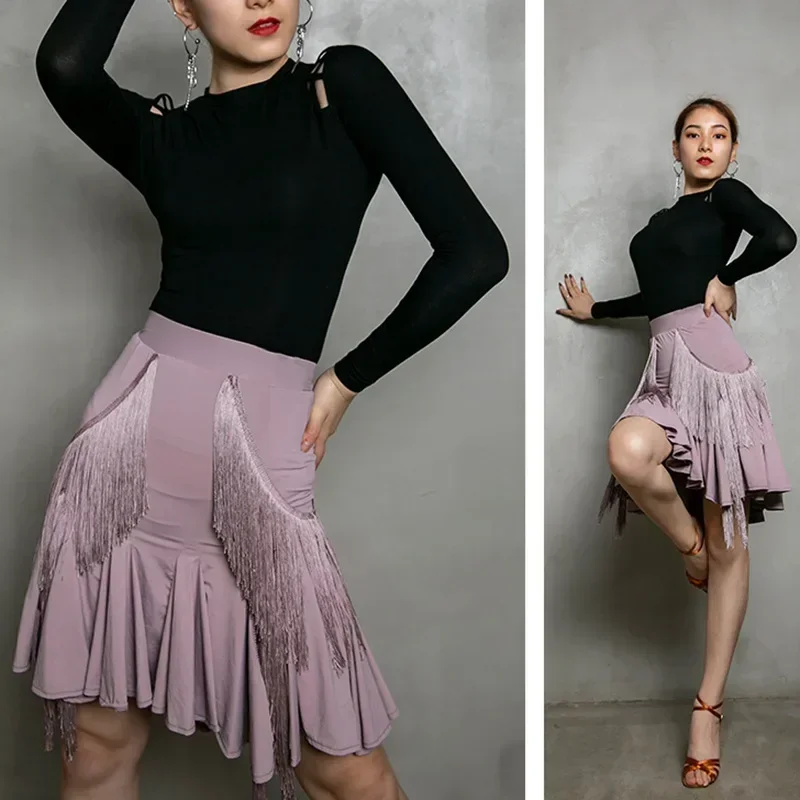 Latin Dance Skirt Long Women Adult Dancing Tassel Dress Exercise Clothing Big Hemline Fishtail Skirt Bottoms Performance Wear