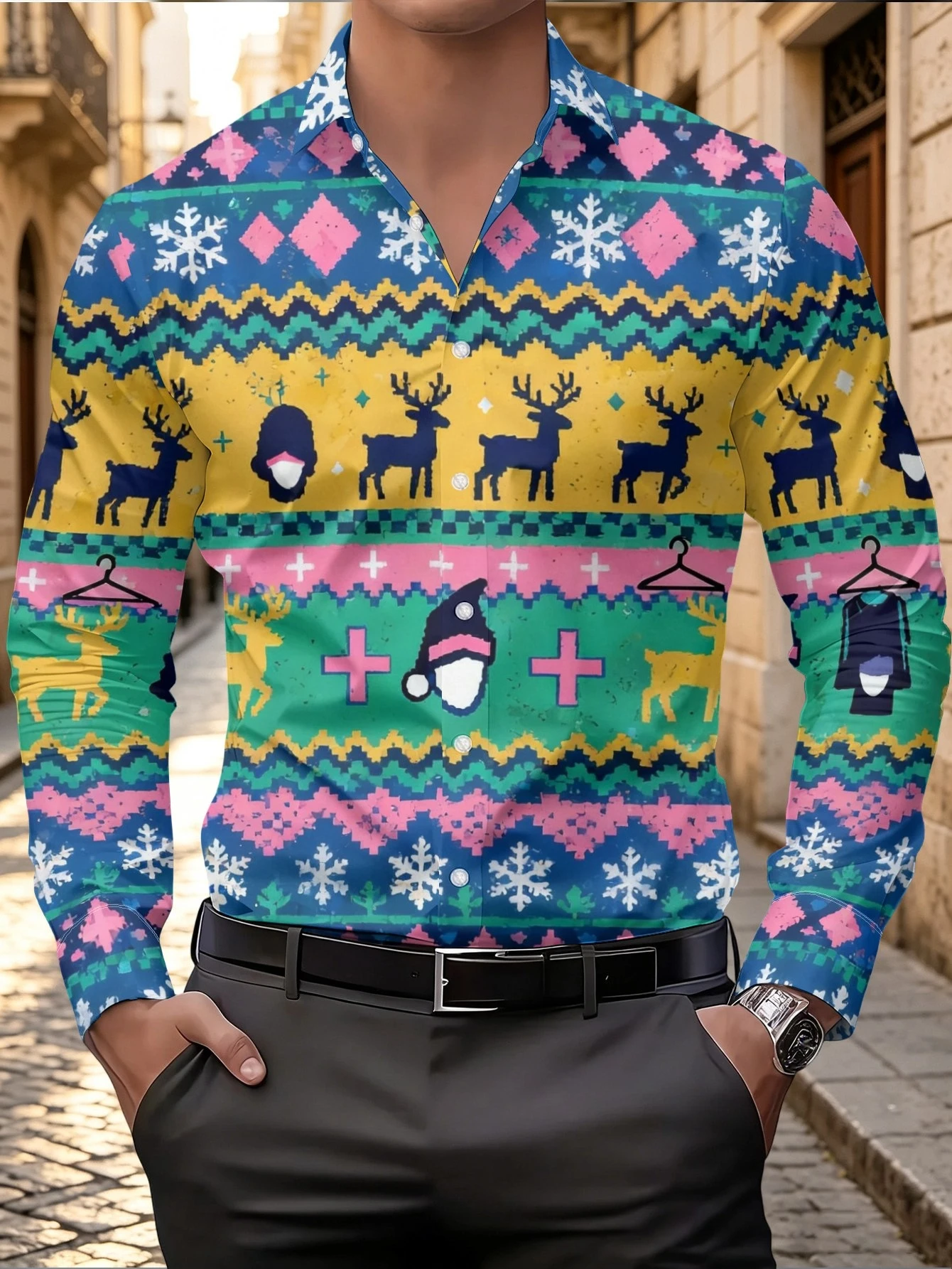 Christmas Men Long Sleeve Shirt Reindeer Snowflake Tree Print Vintage Retro Casual Party Daily Wear Men's Clothing