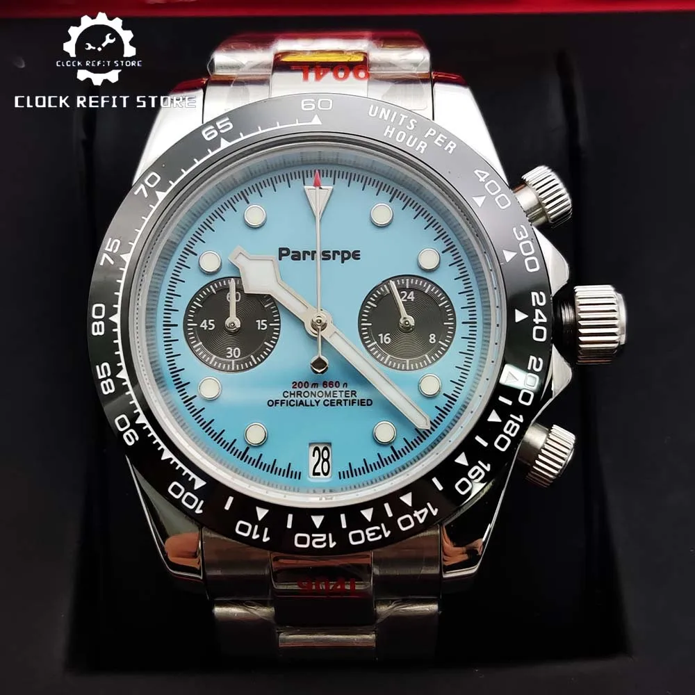 Parnsrpe - ساعة كوارتز رياضية كاجوال للرجال، حركة Vk64، زجاج ياقوتي، قرص أزرق معقم بتقويم