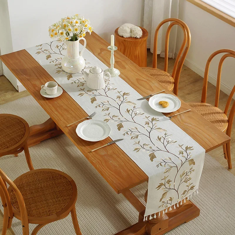 Luxury Embroidered Cotton Linen Table Runner Tablecloth Tassel for Home Dining Table Coffee Table Mat Wedding Decorations